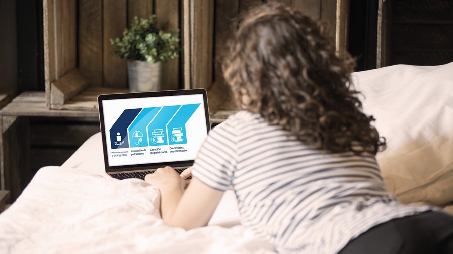 »Doradzamy indywidualnie.« Kobieta leży na kanapie przed laptopem.